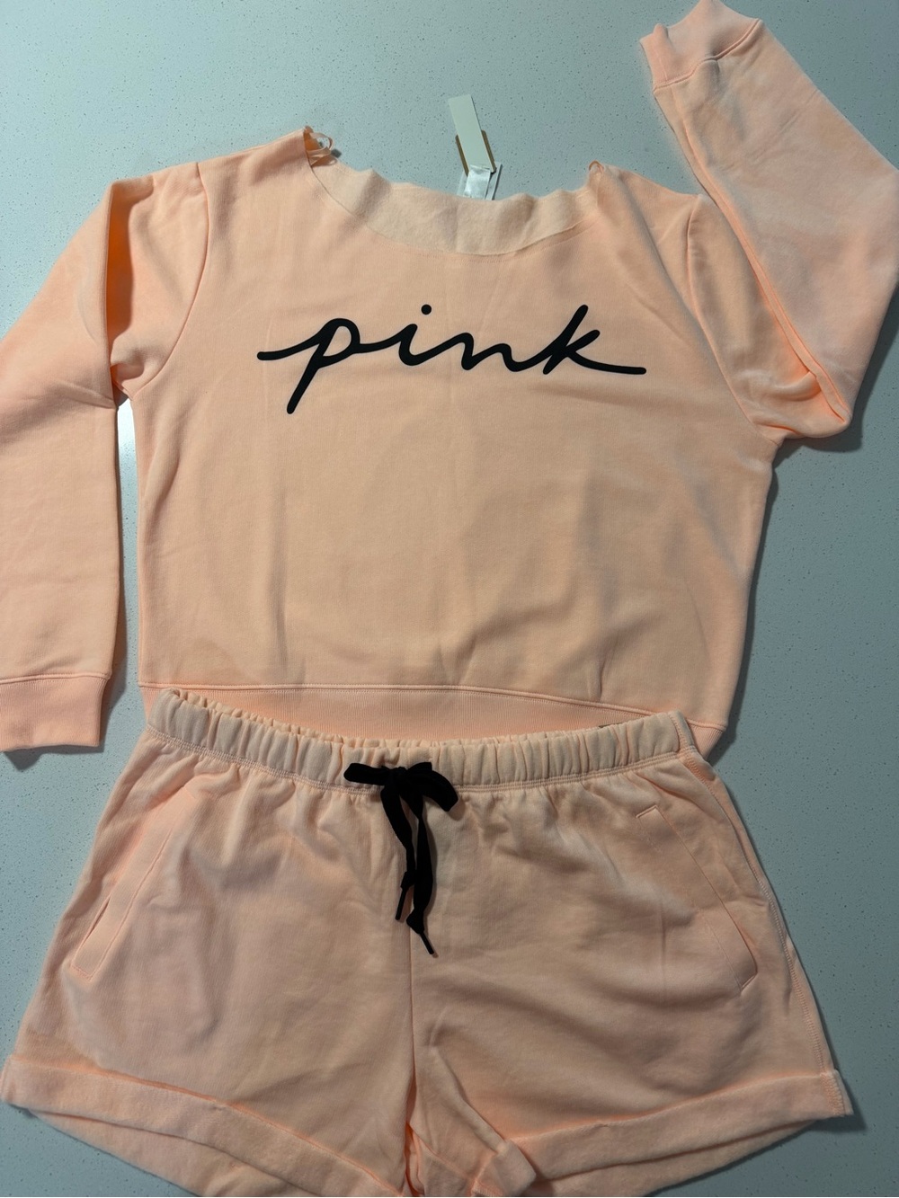 PINK Soft Peach Fleece Everyday Lounge Sweatshirt and Matching Shorts